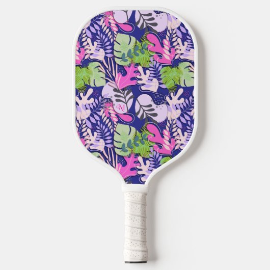 Pickleball Paddle : Abstract Leaves (blue/fuchsia) ピックルボールラケット (正面)