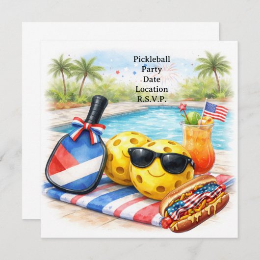 Pickleball Party 4th July Independence Day 招待状 (正面/裏面)