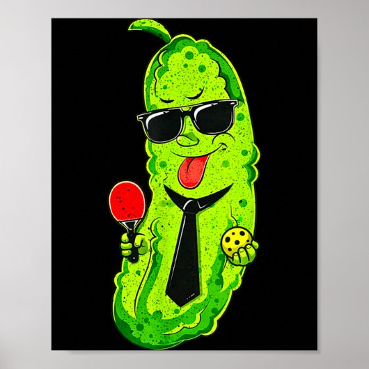 Pickleball pickle with tie &amp; sunglasses funny ポスター (正面)