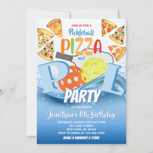 Pickleball Pizza and Pool Party Birthday 招待状 (正面)