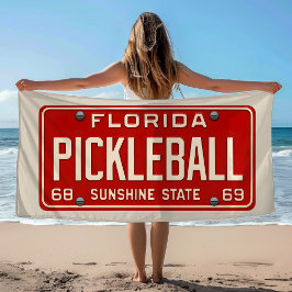 Pickleball Player Fan Retro Florida License Plate ビーチタオル