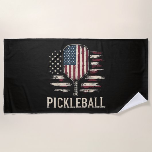 Pickleball Player US Flag Retro Paddleball ビーチタオル (正面)