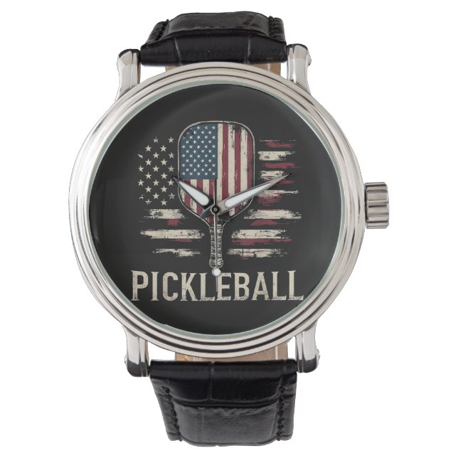 Pickleball Player US Flag Retro Paddleball 腕時計 (正面)