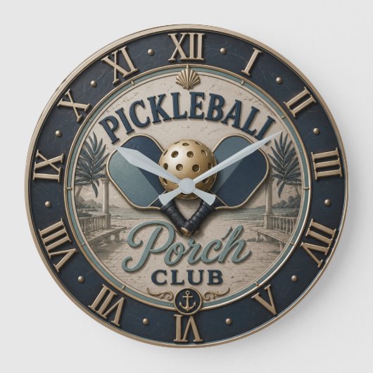 Pickleball Porch Club Rustic Paddle ラージ壁時計 (正面)
