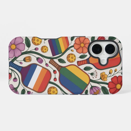 Pickleball Rainbow Flag Paddles With Flowers iPhone 16ケース (裏面横)