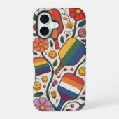 Pickleball Rainbow Flag Paddles With Flowers iPhone 16ケース (裏面)