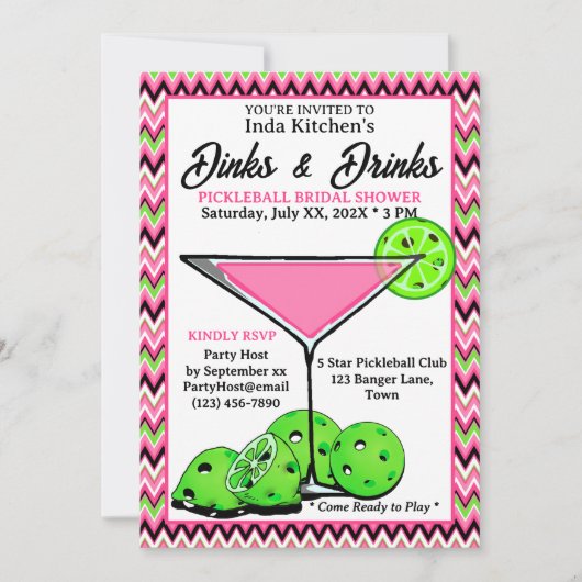 Pickleball Shower Dinks & Drinks ピンクシェブロン 招待状 (正面)