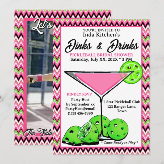 Pickleball Shower Dinks & Drinks Pink Chevron 招待状 (正面/裏面)