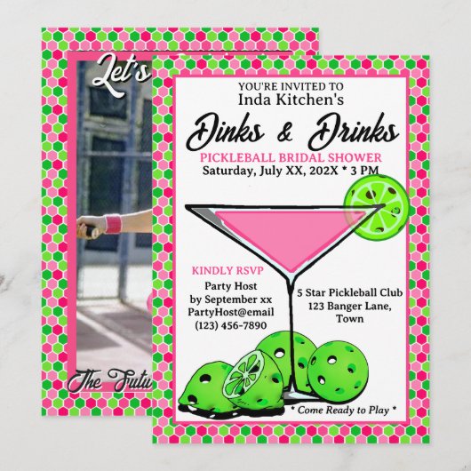 Pickleball Shower Dinks & Drinks Pink Honeycomb 招待状 (正面/裏面)