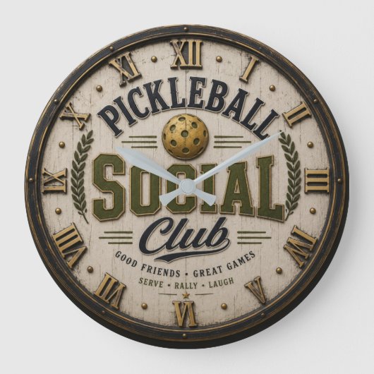 Pickleball Social Club Rustic Player Gift ラージ壁時計 (正面)