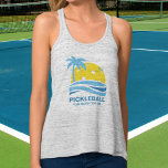 Pickleball Tropical Palm Tree Sun Your Custom Text タンクトップ<br><div class="desc">A fun pickleball tank top featuring a pickleball "sun" framed by a tropical palm tree and blue ocean waves. Add your custom text below - club name, pickleball weekend date/location, tournament name, player names, etc. Makes a perfect gift for any pickleball player - Wear as matching shirts for tournament play,...</div>