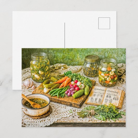 Pickled Cucumbers and Fresh Vegetables in Rustic V ポストカード (正面/裏面)