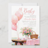 Picnic Balloons Floral Summer Girl Baby Shower 招待状 (正面)