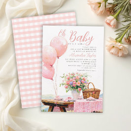 Picnic Balloons Floral Summer Girl Baby Shower 招待状