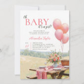 Picnic Balloons Wildflowers Pink Girl Baby Shower 招待状 (正面)