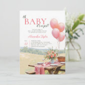 Picnic Balloons Wildflowers Pink Girl Baby Shower 招待状 (スタンド正面)