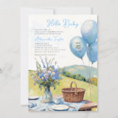 Picnic Blue Balloons Wildflowers Boy Baby Shower 招待状 (正面)