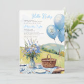 Picnic Blue Balloons Wildflowers Boy Baby Shower 招待状 (スタンド正面)