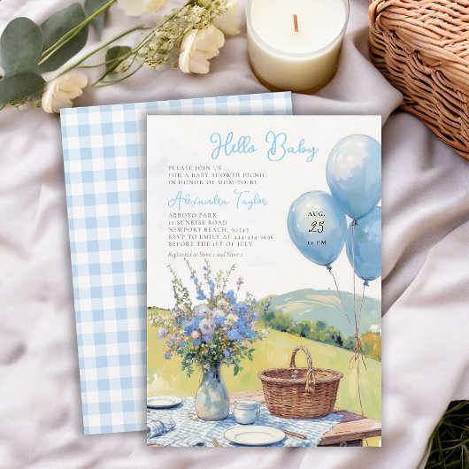 Picnic Blue Balloons Wildflowers Boy Baby Shower 招待状