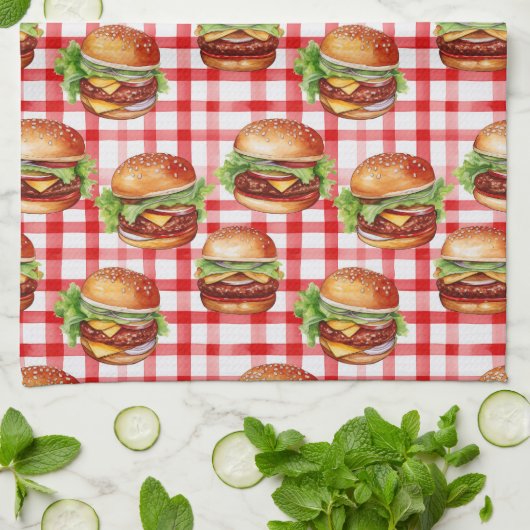 Picnic Burger Delight Retro Gingham & Cheeseburger キッチンタオル (折り畳み)