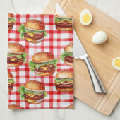 Picnic Burger Delight Retro Gingham & Cheeseburger キッチンタオル (四つ折り)