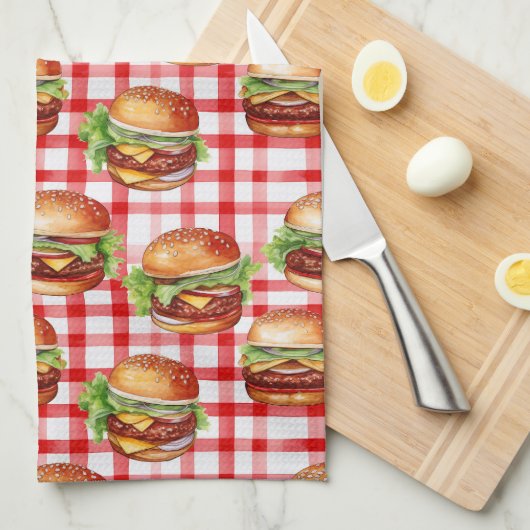 Picnic Burger Delight Retro Gingham & Cheeseburger キッチンタオル (四つ折り)