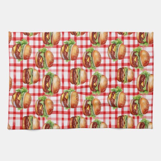Picnic Burger Delight Retro Gingham & Cheeseburger キッチンタオル (横)