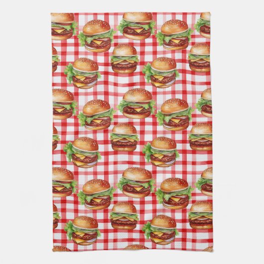 Picnic Burger Delight Retro Gingham & Cheeseburger キッチンタオル (縦)