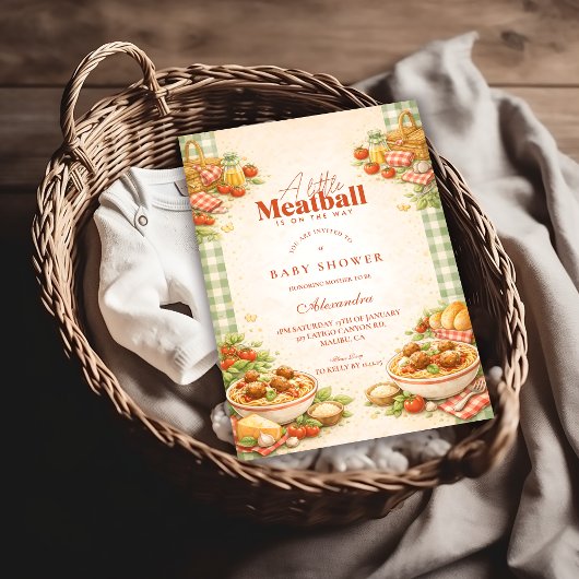 Picnic Green Gingham Little Meatball Baby Shower 招待状