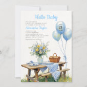 Picnic Park Balloons Blue Floral Boy Baby Shower 招待状 (正面)