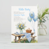 Picnic Park Balloons Blue Floral Boy Baby Shower 招待状 (スタンド正面)