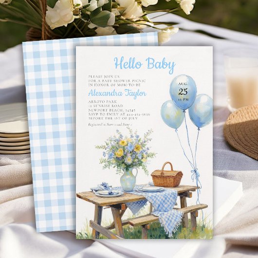 Picnic Park Balloons Blue Floral Boy Baby Shower 招待状