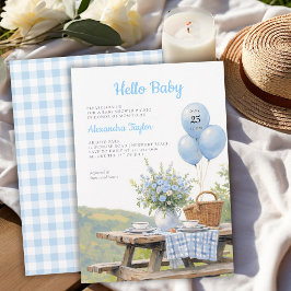 Picnic Park Balloons Floral Blue Boy Baby Shower 招待状