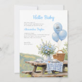 Picnic Park Balloons Floral Blue Boy Baby Shower 招待状 (正面)