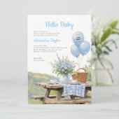 Picnic Park Balloons Floral Blue Boy Baby Shower 招待状 (スタンド正面)