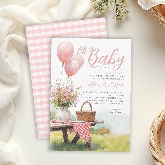 Picnic Pink Balloons Floral Chic Girl Baby Shower 招待状