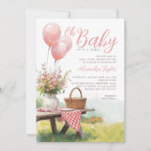 Picnic Pink Balloons Floral Chic Girl Baby Shower 招待状 (正面)