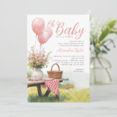 Picnic Pink Balloons Floral Chic Girl Baby Shower 招待状 (スタンド正面)