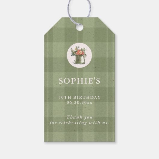 Picnic Summer Green Plaid Floral Birthday ギフトタグ (正面)