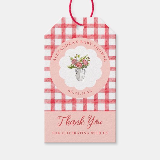 Picnic Summer Red Gingham Girl Baby Shower ギフトタグ (正面)