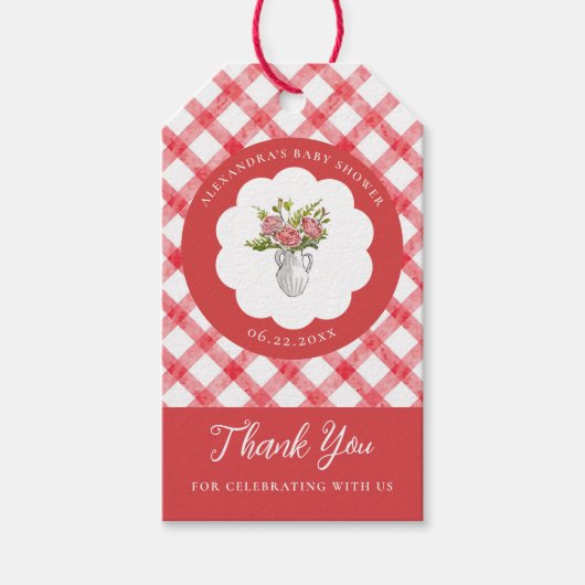 Picnic Summer Red Gingham Scallops Baby Shower ギフトタグ (正面)