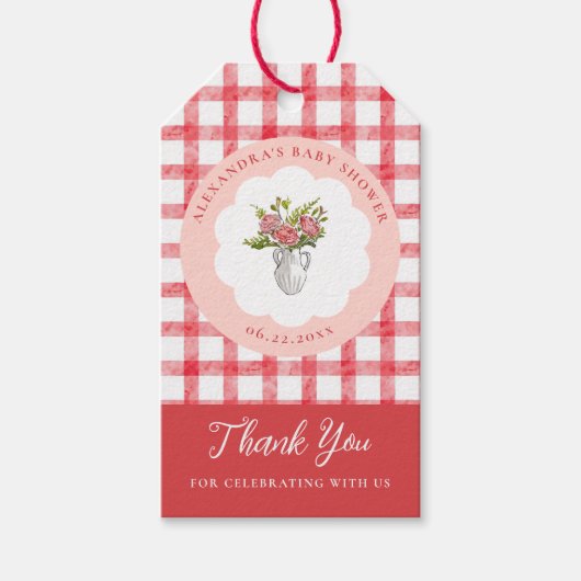 Picnic Summer Red Pink Gingham Girl Baby Shower ギフトタグ (正面)