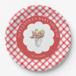 Picnic Summer Red White Gingham Floral Baby Shower ペーパープレート