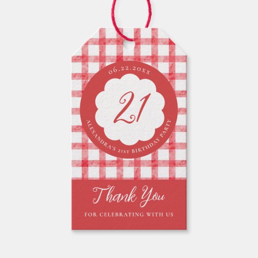 Picnic Summer Spring Red Gingham Scallops Birthday ギフトタグ (正面)