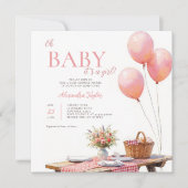 Picnic Wildflower Pink Balloons Girl Baby Shower 招待状 (正面)