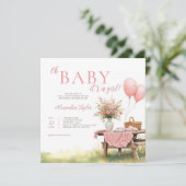 Picnic Wildflowers Balloons Pink Girl Baby Shower 招待状 (スタンド正面)
