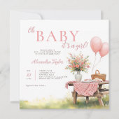 Picnic Wildflowers Balloons Pink Girl Baby Shower 招待状 (正面)