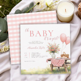 Picnic Wildflowers Balloons Pink Girl Baby Shower 招待状