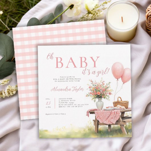 Picnic Wildflowers Balloons Pink Girl Baby Shower 招待状
