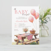Picnic Wildflowers Pink Balloons Girl Baby Shower 招待状 (スタンド正面)
